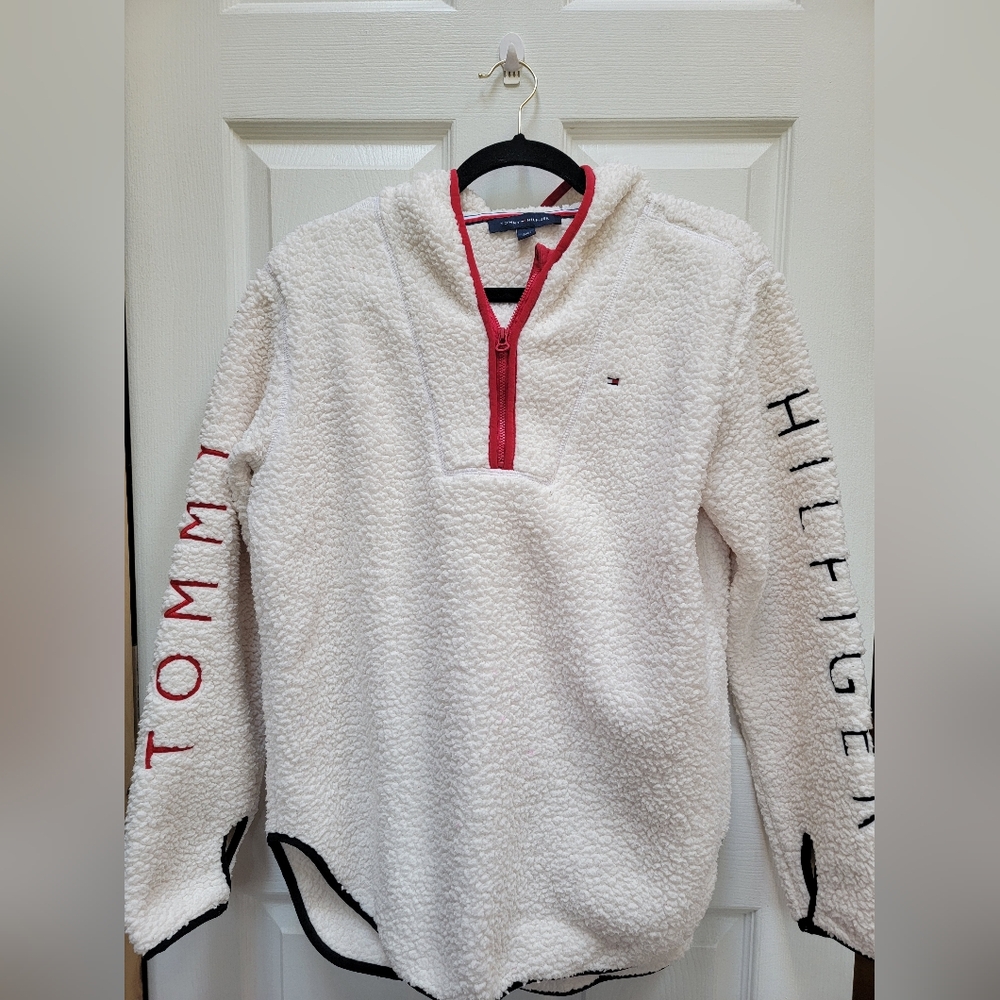 Tommy Hilfiger Cream Sherpa 1/4 Zip Hooded Pullover Size Small